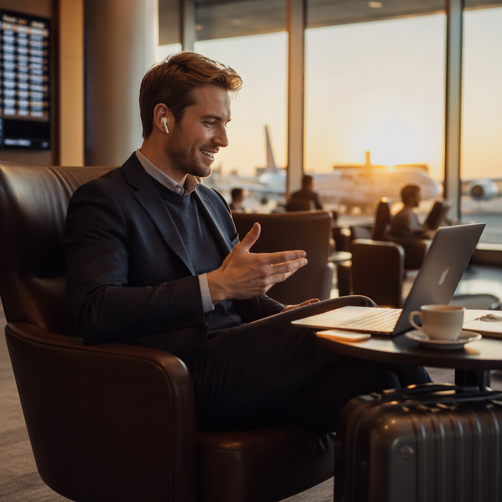 Business traveler using earbuds